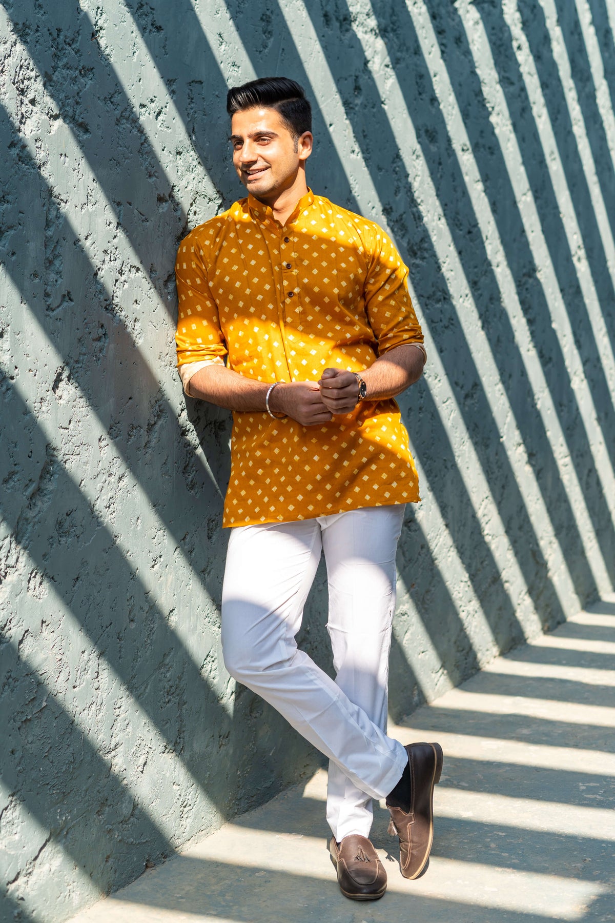 The Deep Yellow Short Kurta With Square All-Over Print
