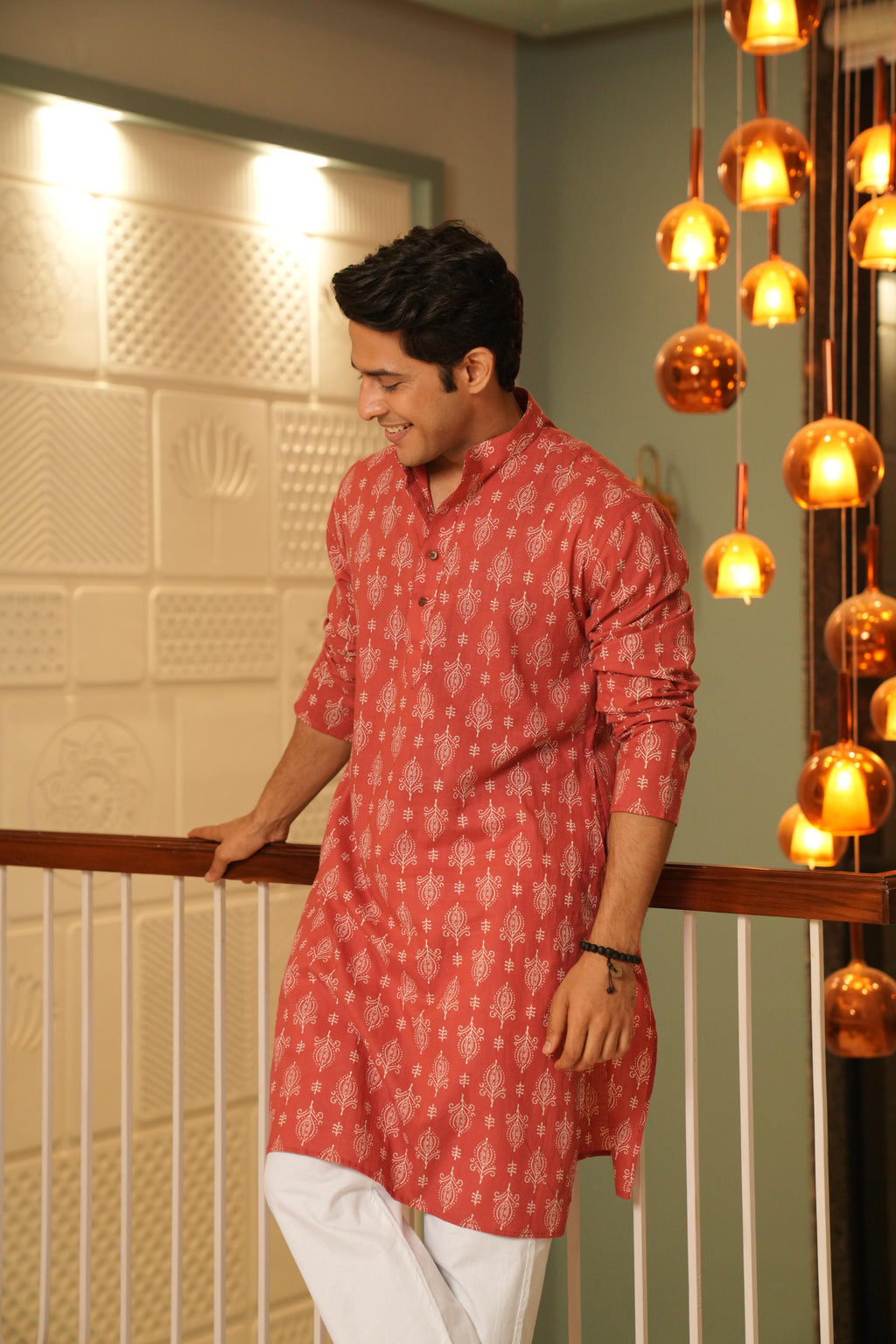 The Wooden Red Long Kurta With Indian Motifs