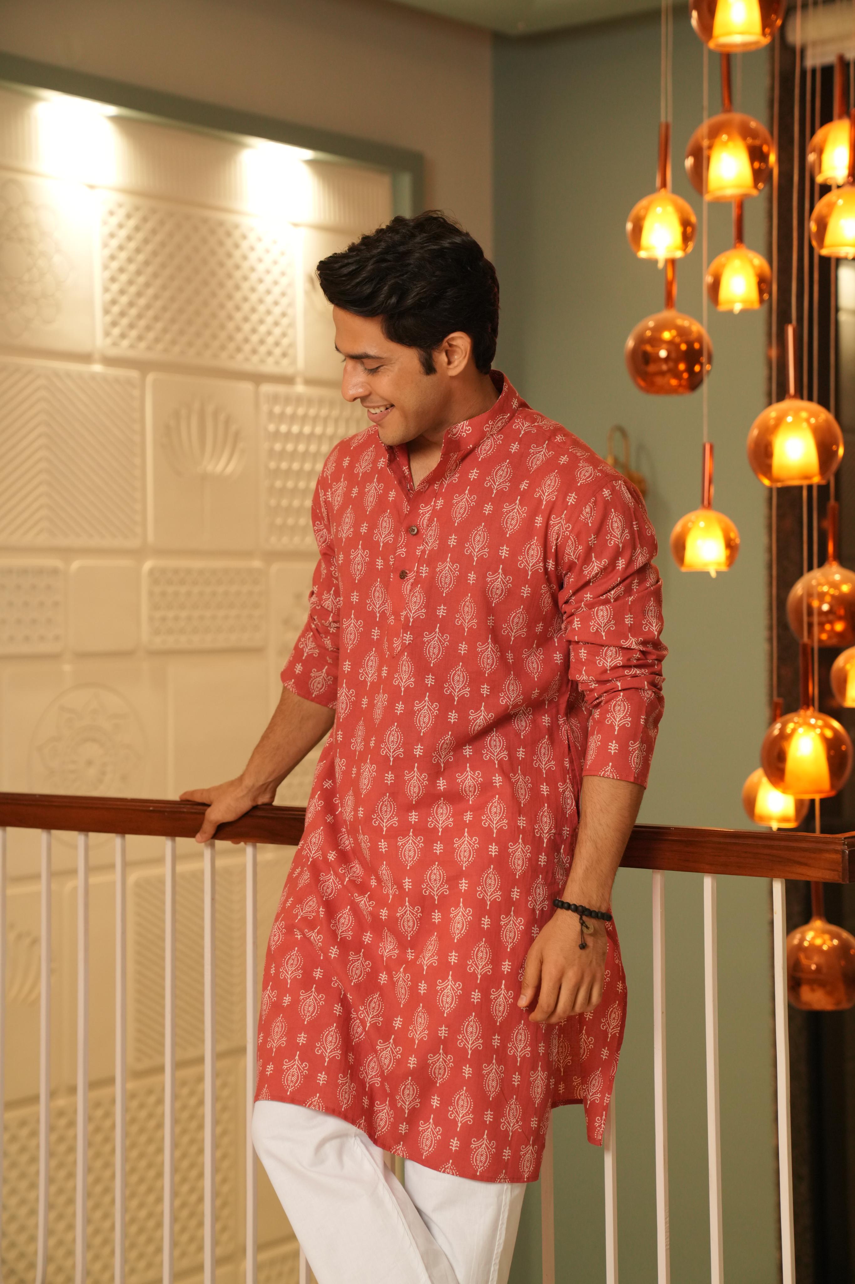 The Wooden Red Long Kurta With Indian Motifs