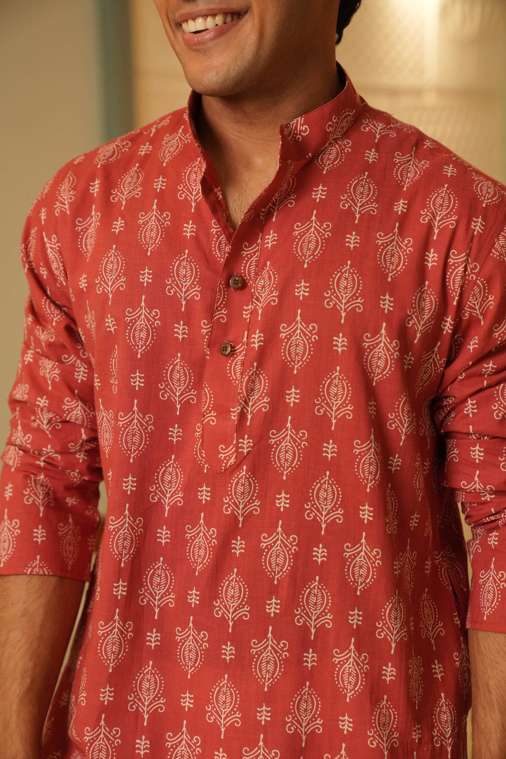 The Wooden Red Long Kurta With Indian Motifs