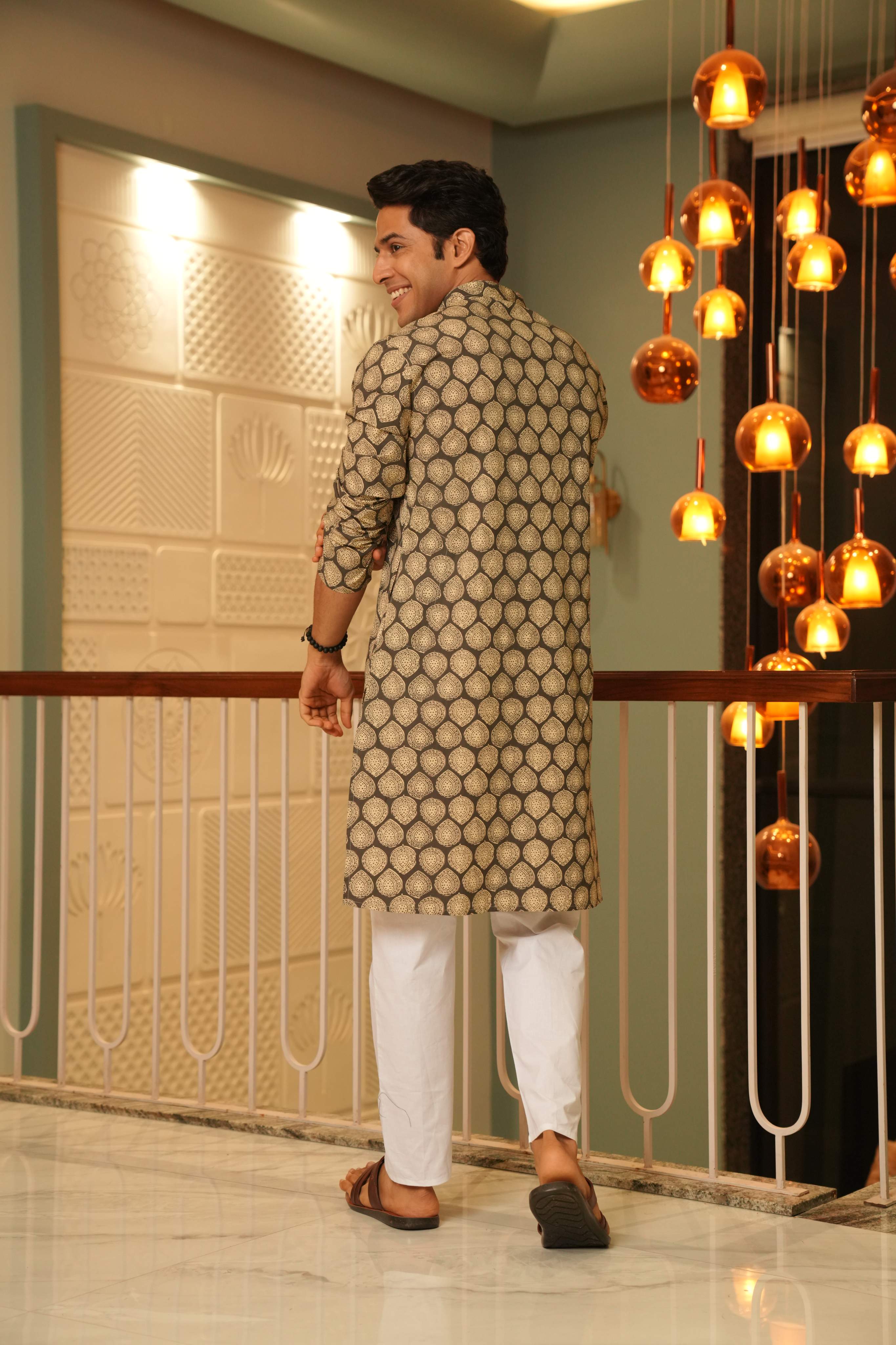 The Pebble Grey Long Kurta With Batik Print