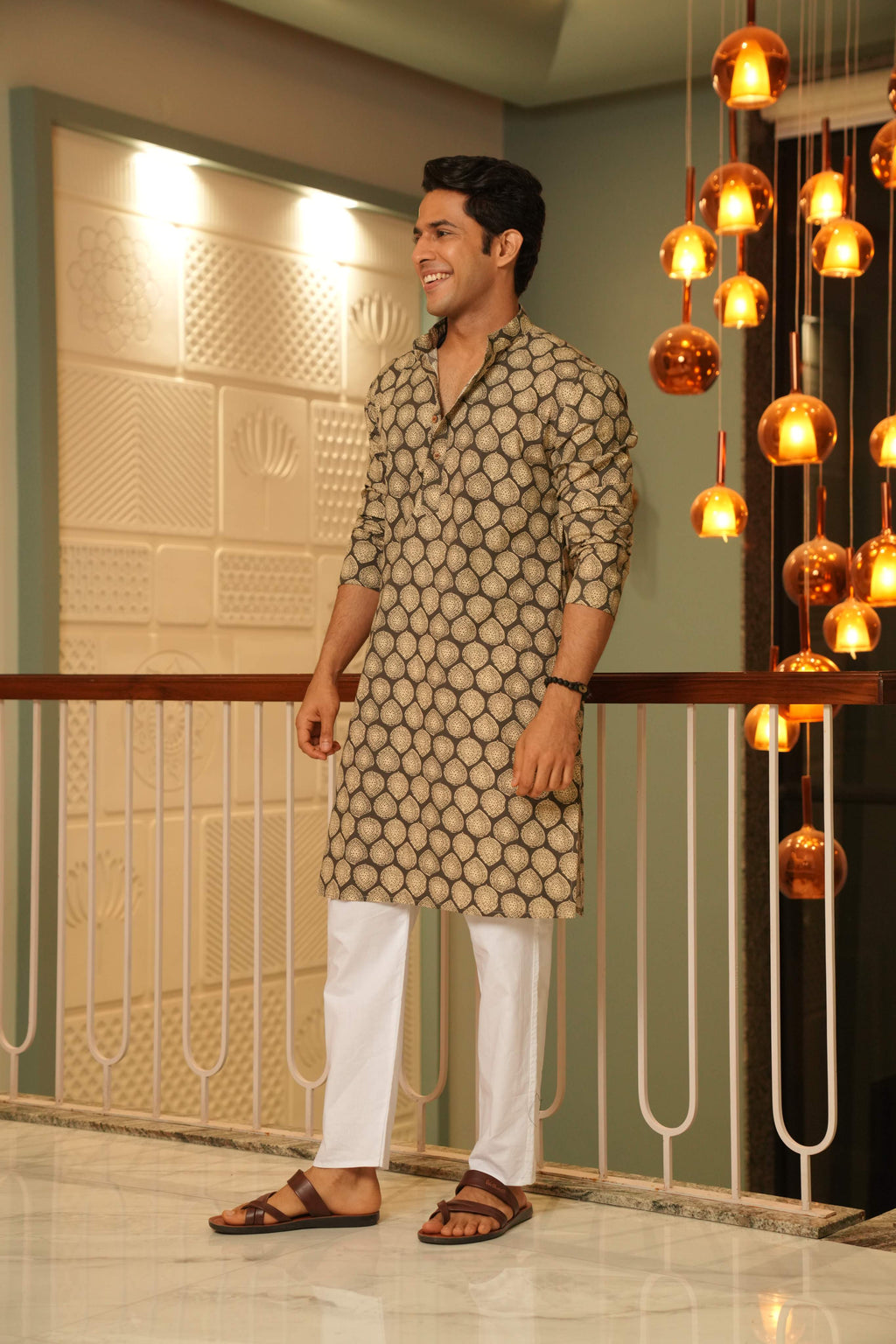 The Pebble Grey Long Kurta With Batik Print