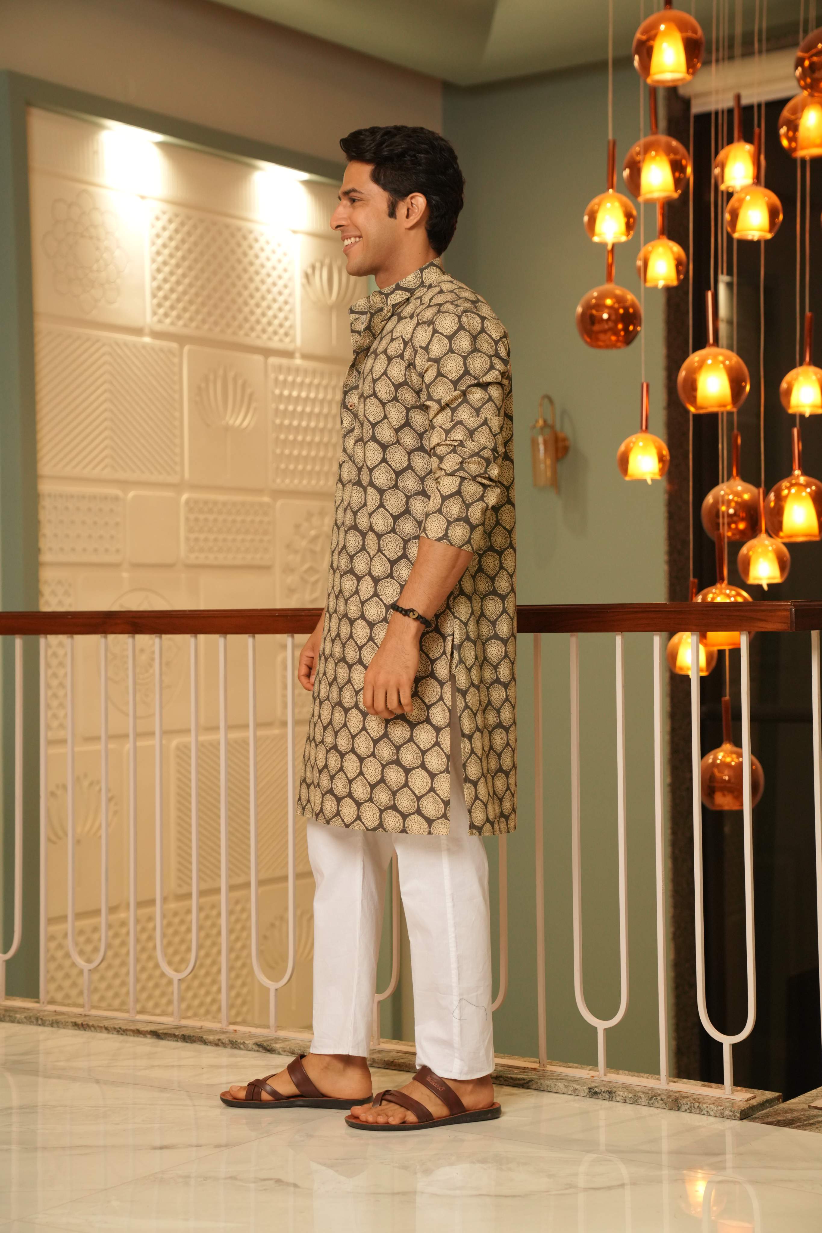 The Pebble Grey Long Kurta With Batik Print