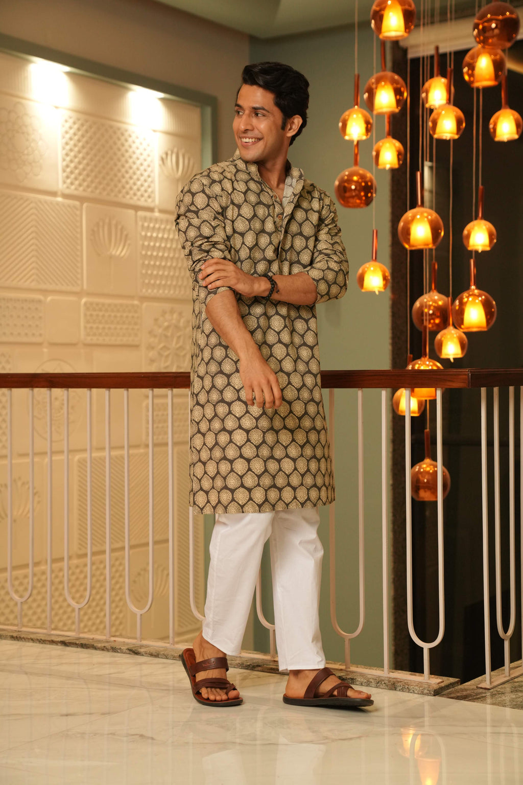 The Pebble Grey Long Kurta With Batik Print