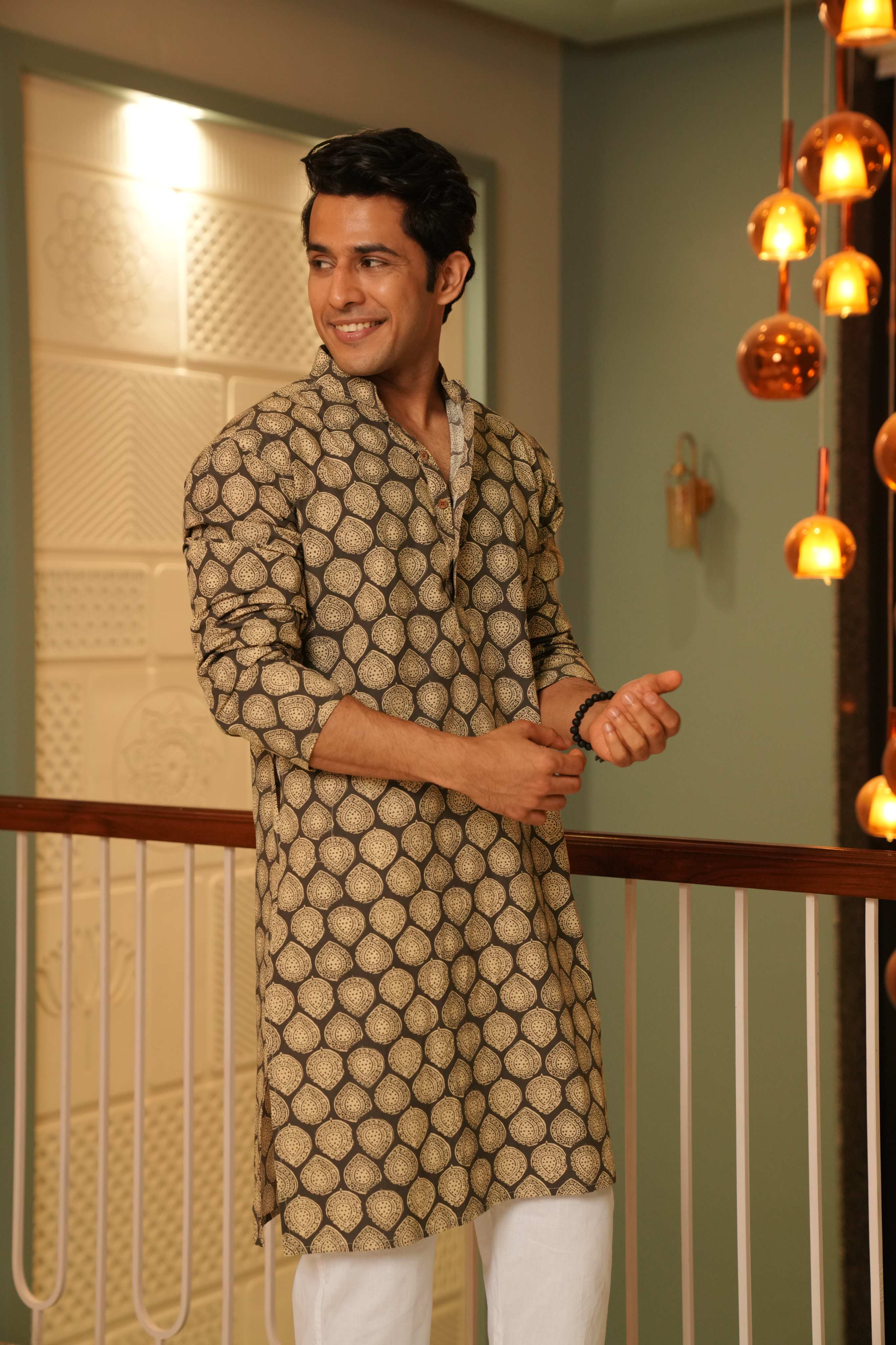 The Pebble Grey Long Kurta With Batik Print
