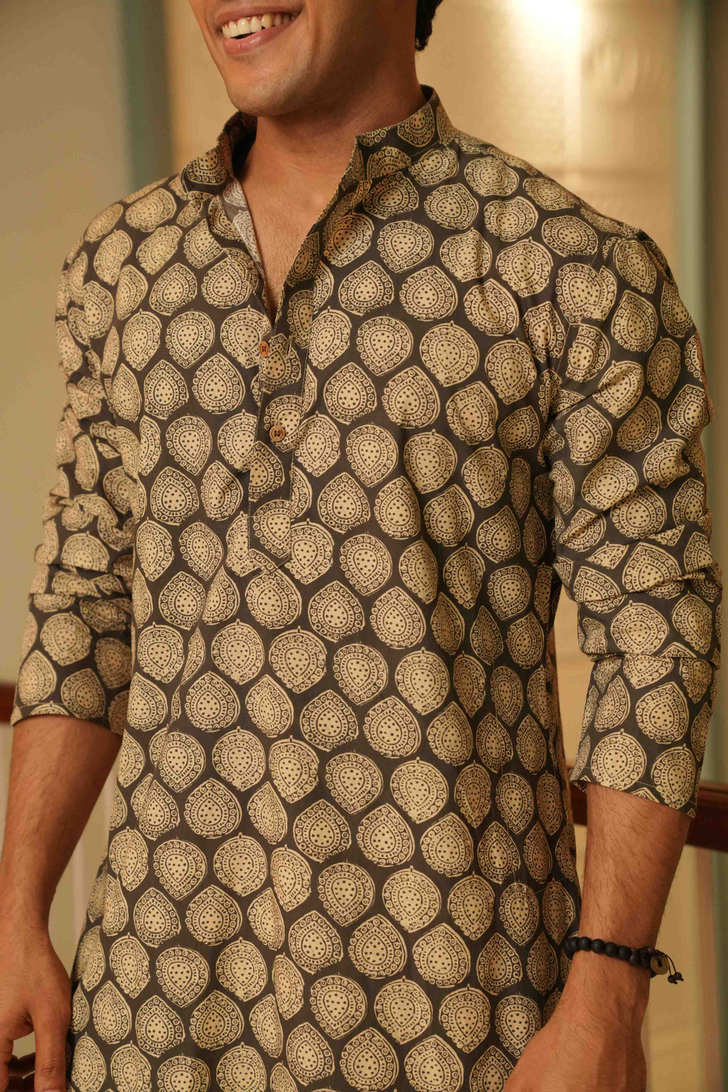 The Pebble Grey Long Kurta With Batik Print