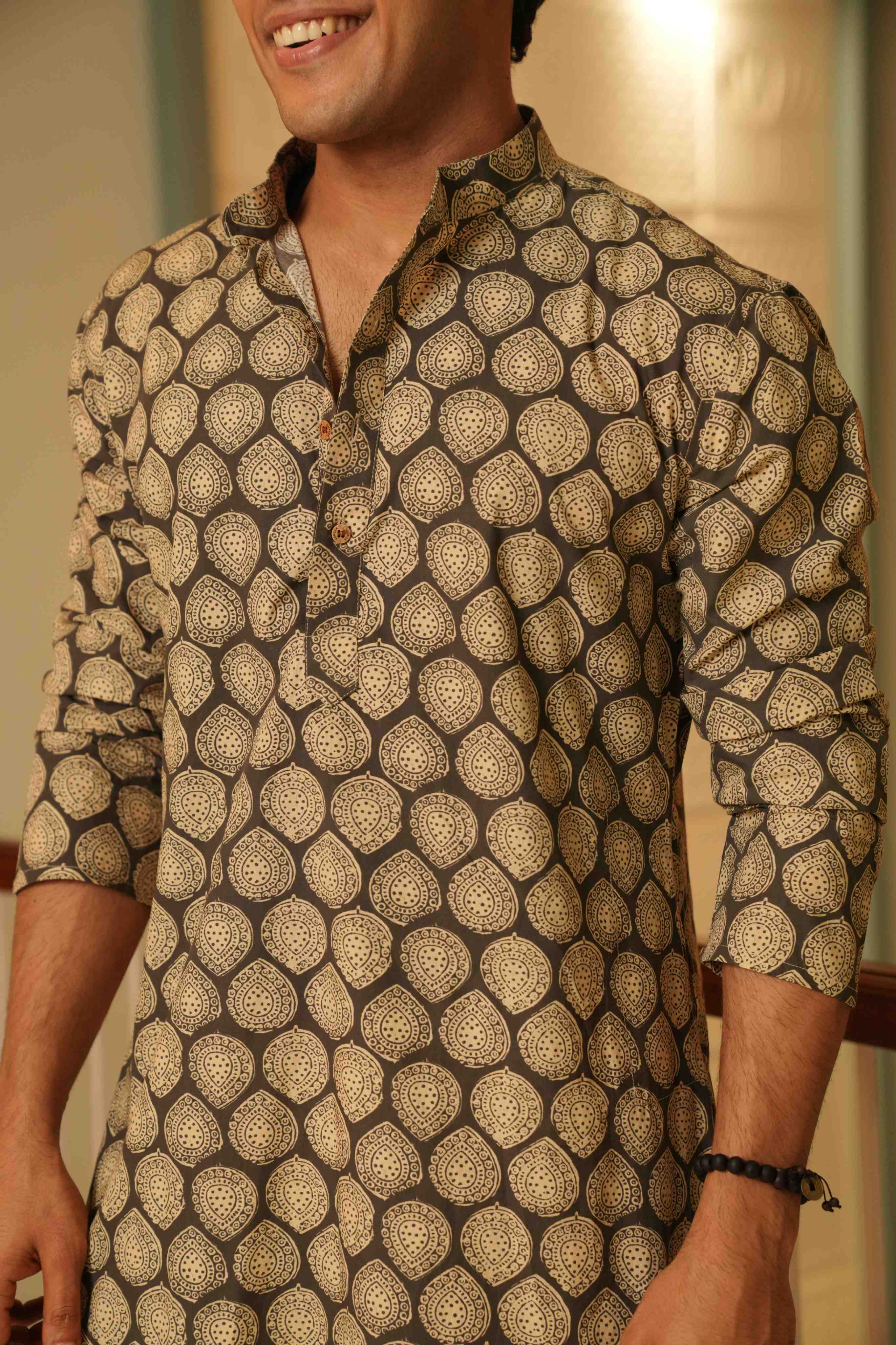 The Pebble Grey Long Kurta With Batik Print