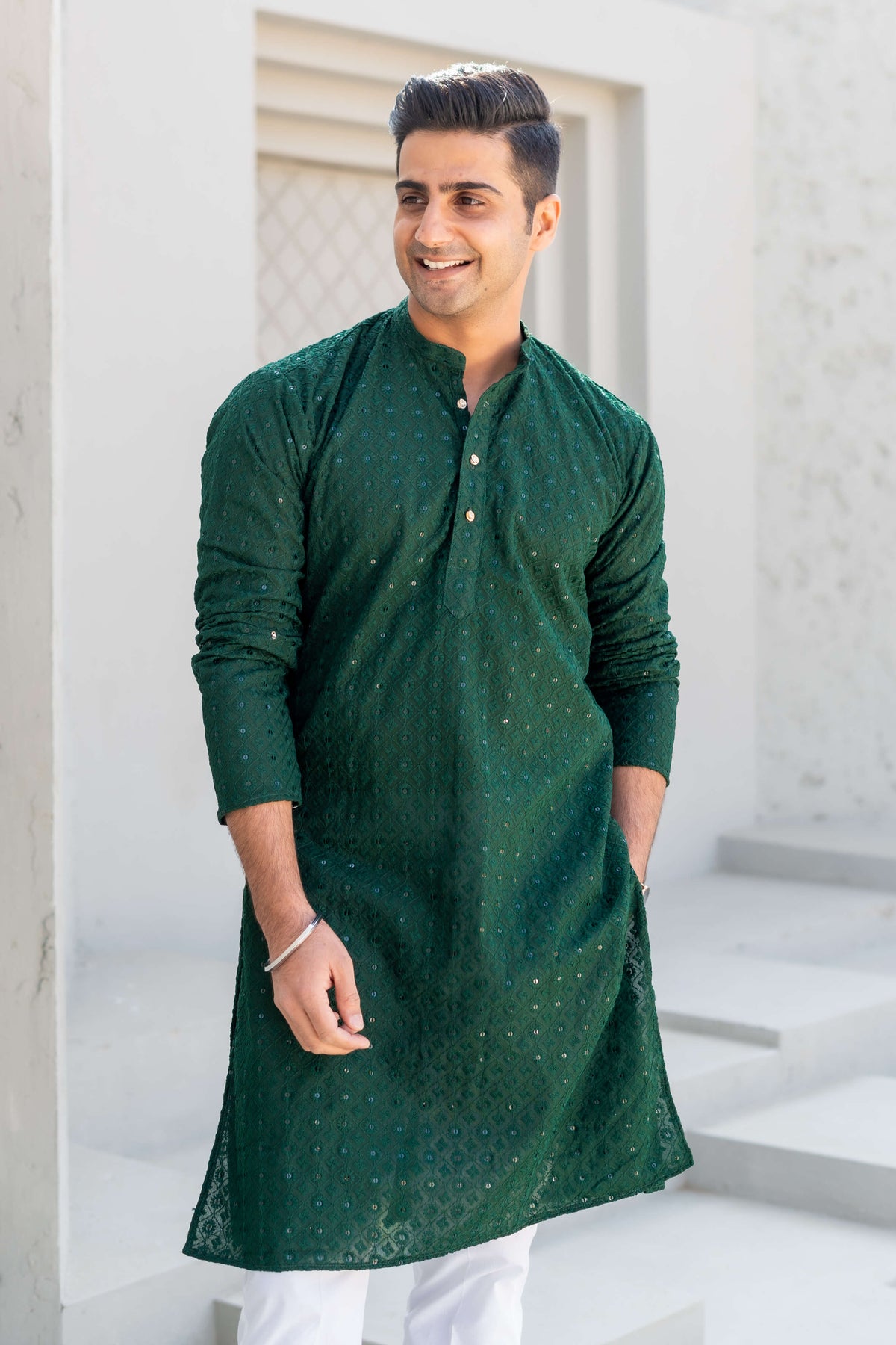 Dark Green Chikankari kurta for men