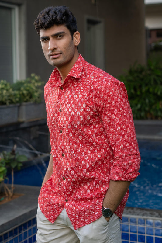 Red Kantha Work Shirt for Men