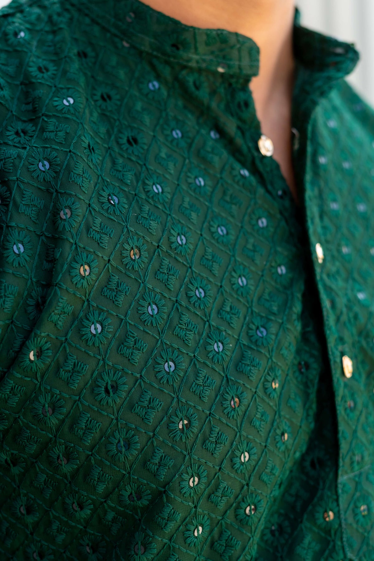 The Dark Green Chikan Kari Long Kurta With Sequins Work