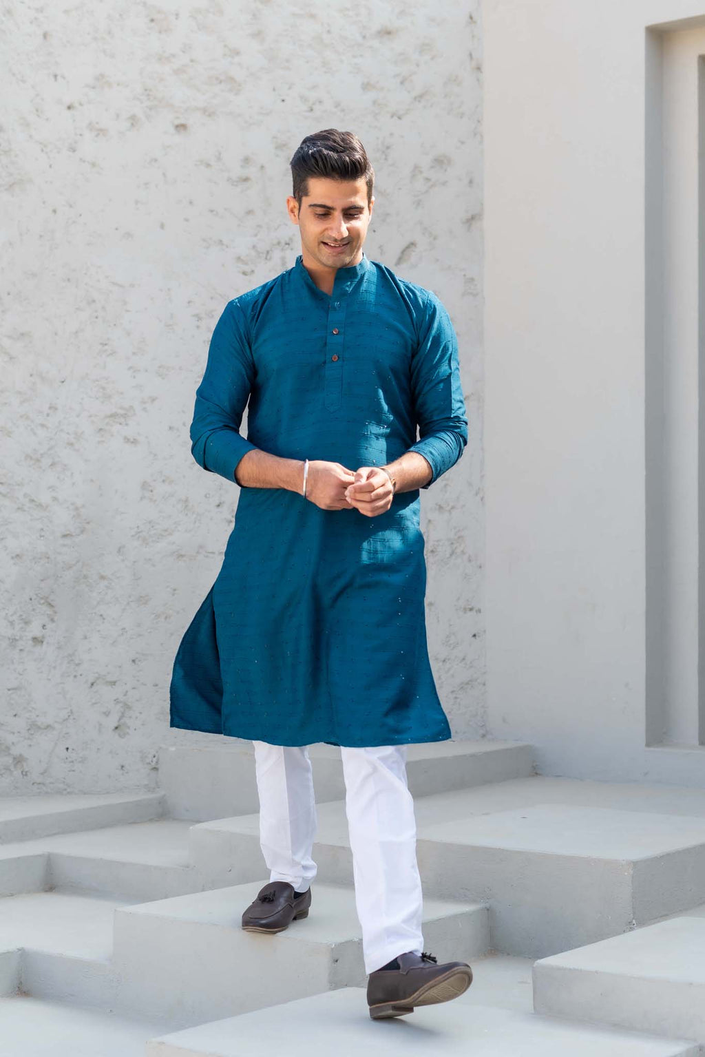 The Prussian Blue Long Kurta With Thread And Sequins Work