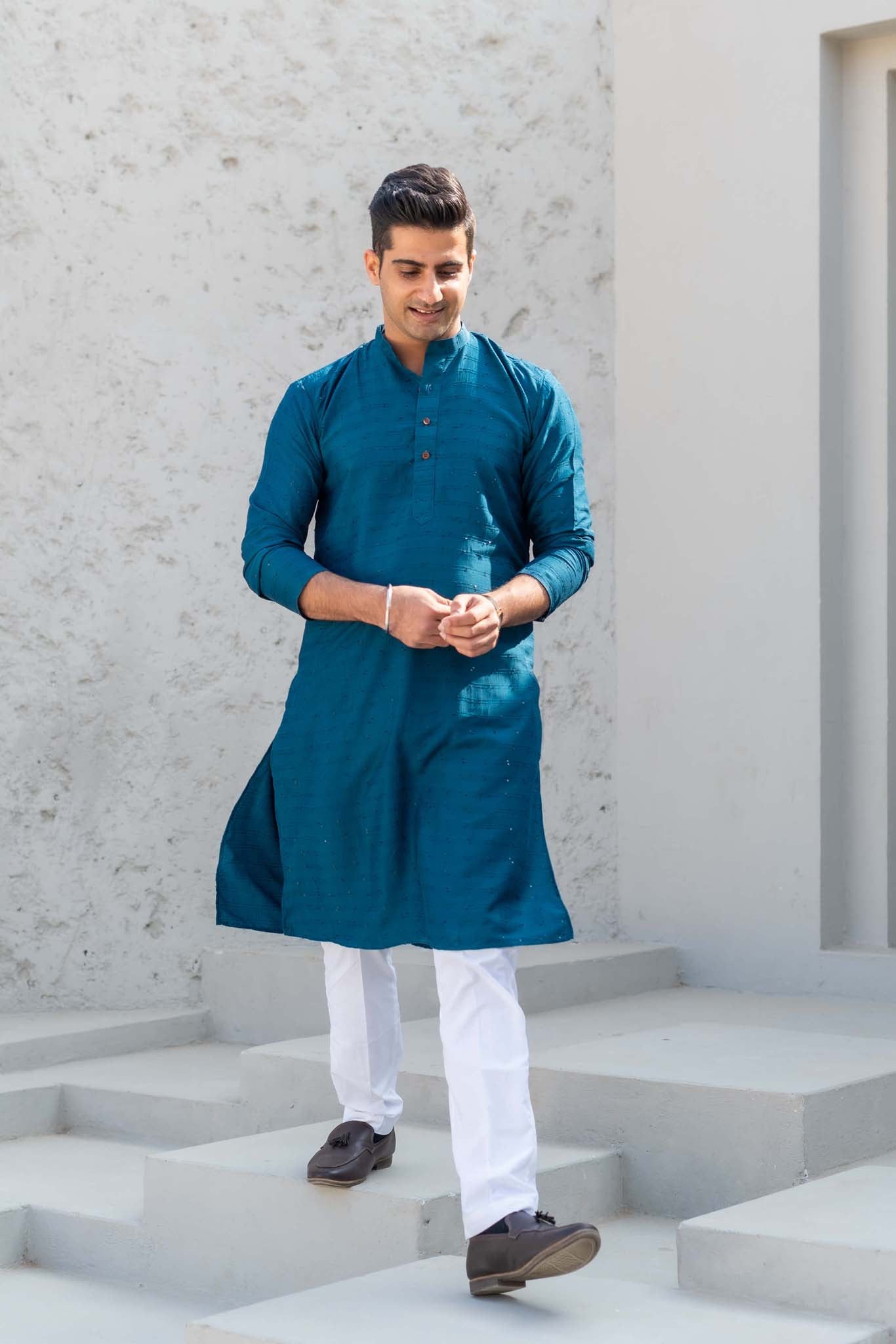 The Prussian Blue Long Kurta With Thread And Sequins Work