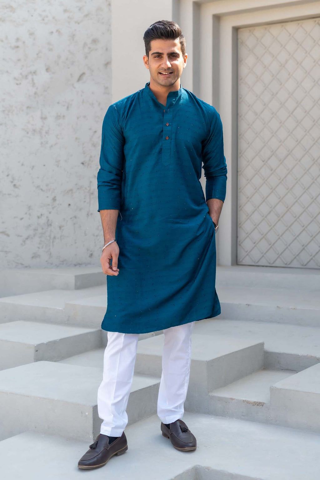 The Prussian Blue Long Kurta With Thread And Sequins Work