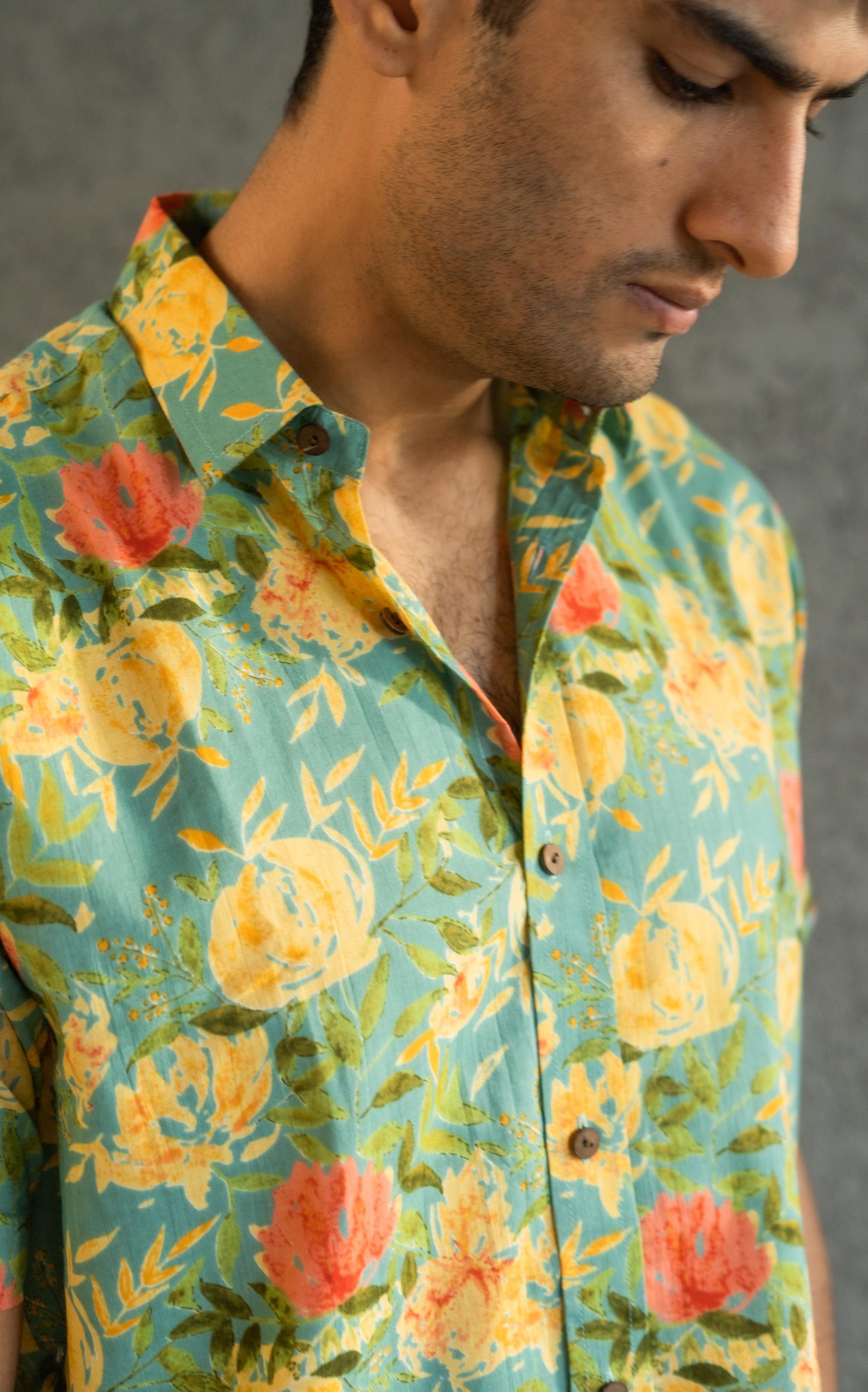 The Funky Green And Yellow Shirt With All-Over Floral Print (Half Sleeves)