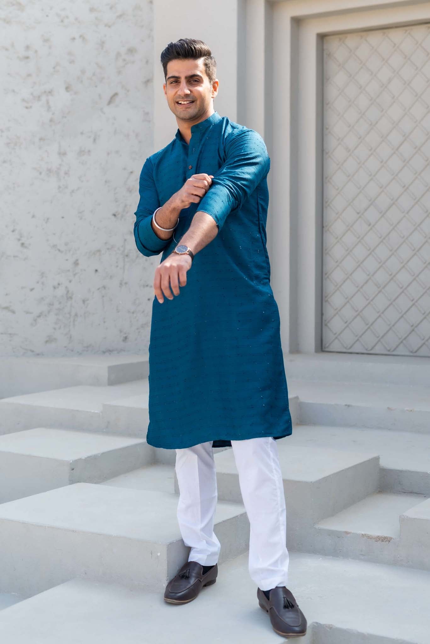 The Prussian Blue Long Kurta With Thread And Sequins Work