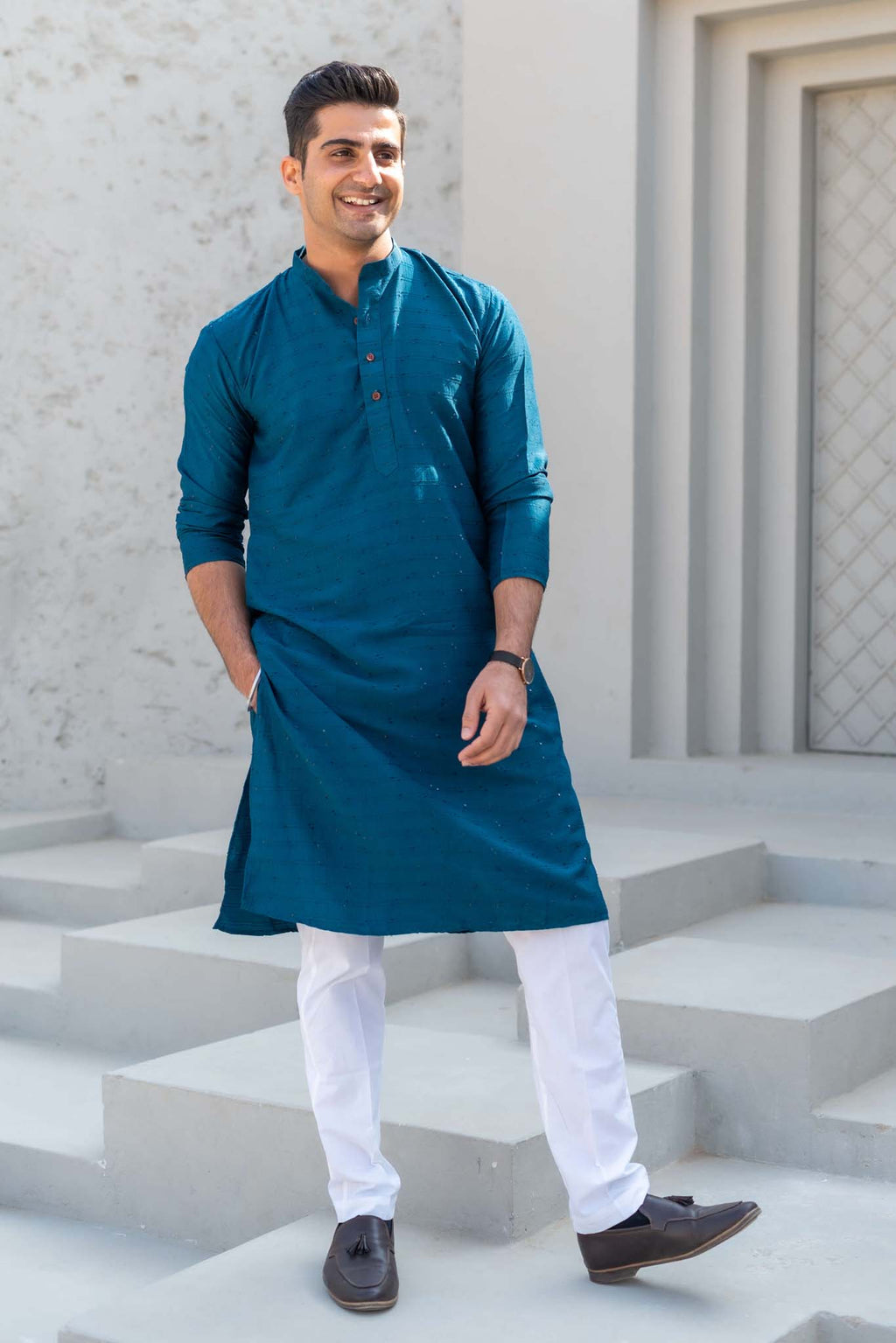 The Prussian Blue Long Kurta With Thread And Sequins Work