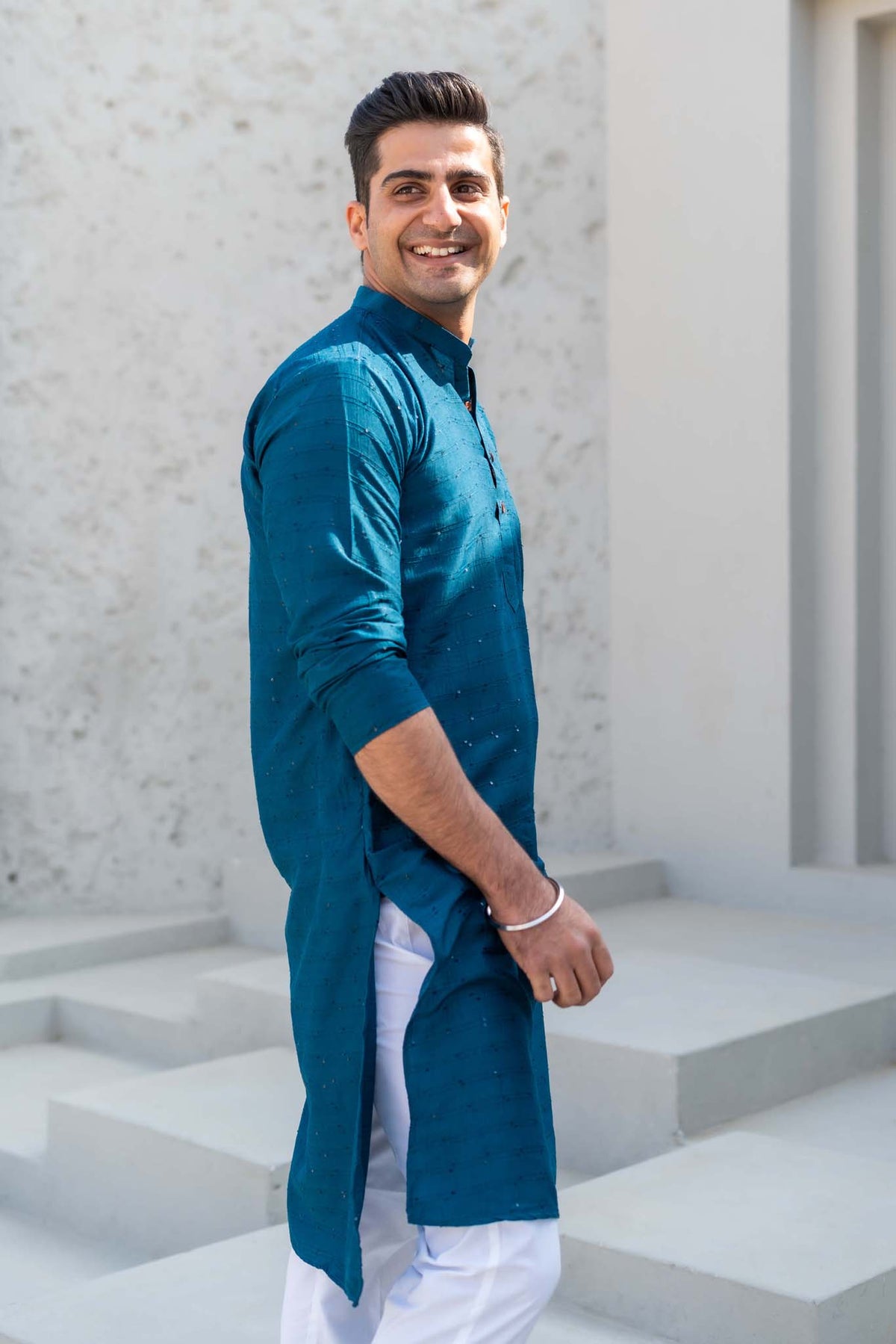 The Prussian Blue Long Kurta With Thread And Sequins Work