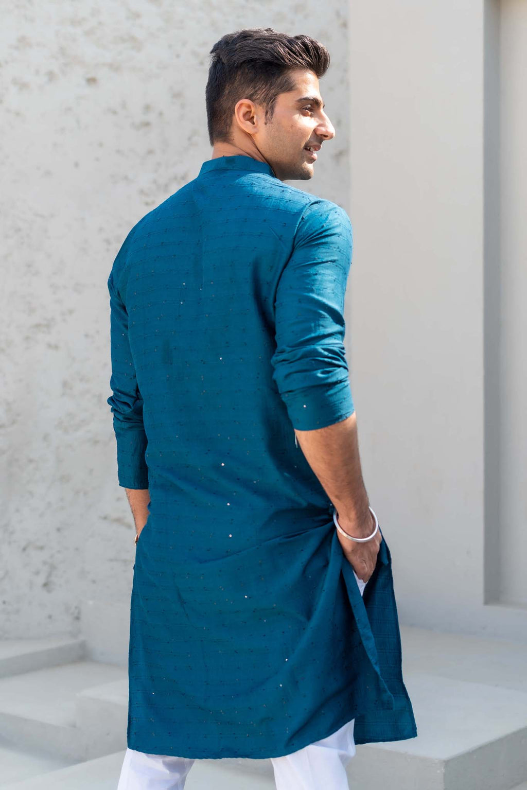 The Prussian Blue Long Kurta With Thread And Sequins Work