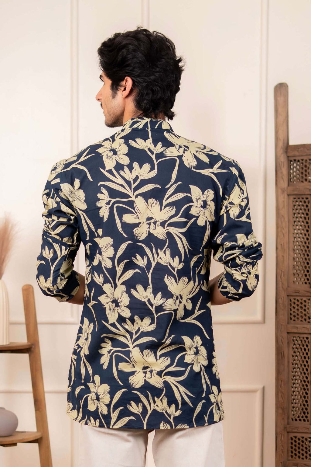 The Astro Blue Short Kurta With Ivory Color Floral Print