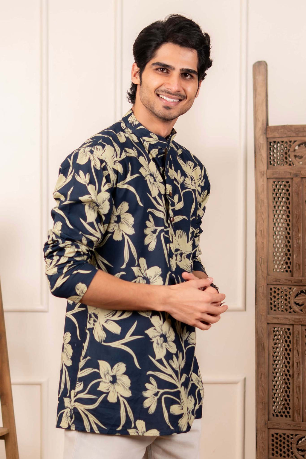 The Astro Blue Short Kurta With Ivory Color Floral Print