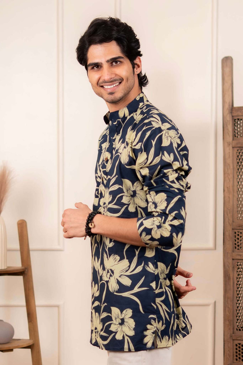 The Astro Blue Short Kurta With Ivory Color Floral Print
