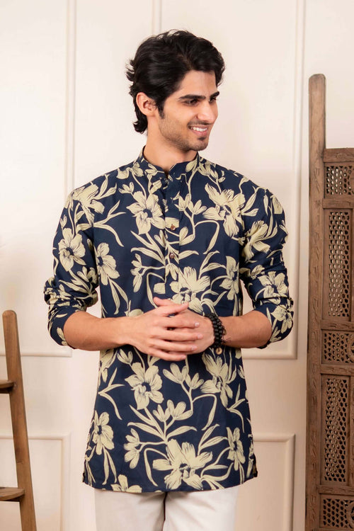 The Astro Blue Short Kurta With Ivory Color Floral Print