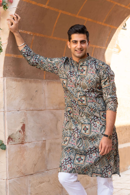 The Dark Green And Brown All-Over Floral Foil Print Long Kurta