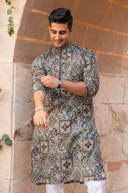 The Dark Green And Brown All-Over Floral Foil Print Long Kurta