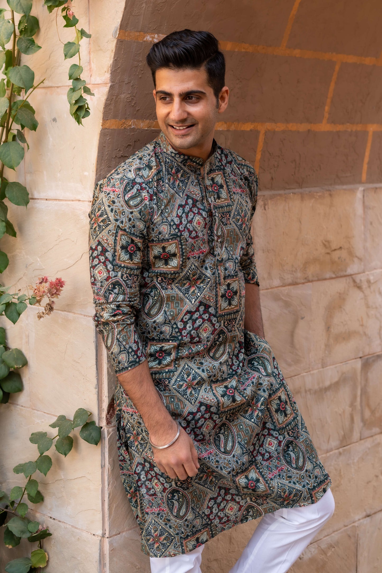 The Dark Green And Brown All-Over Floral Foil Print Long Kurta