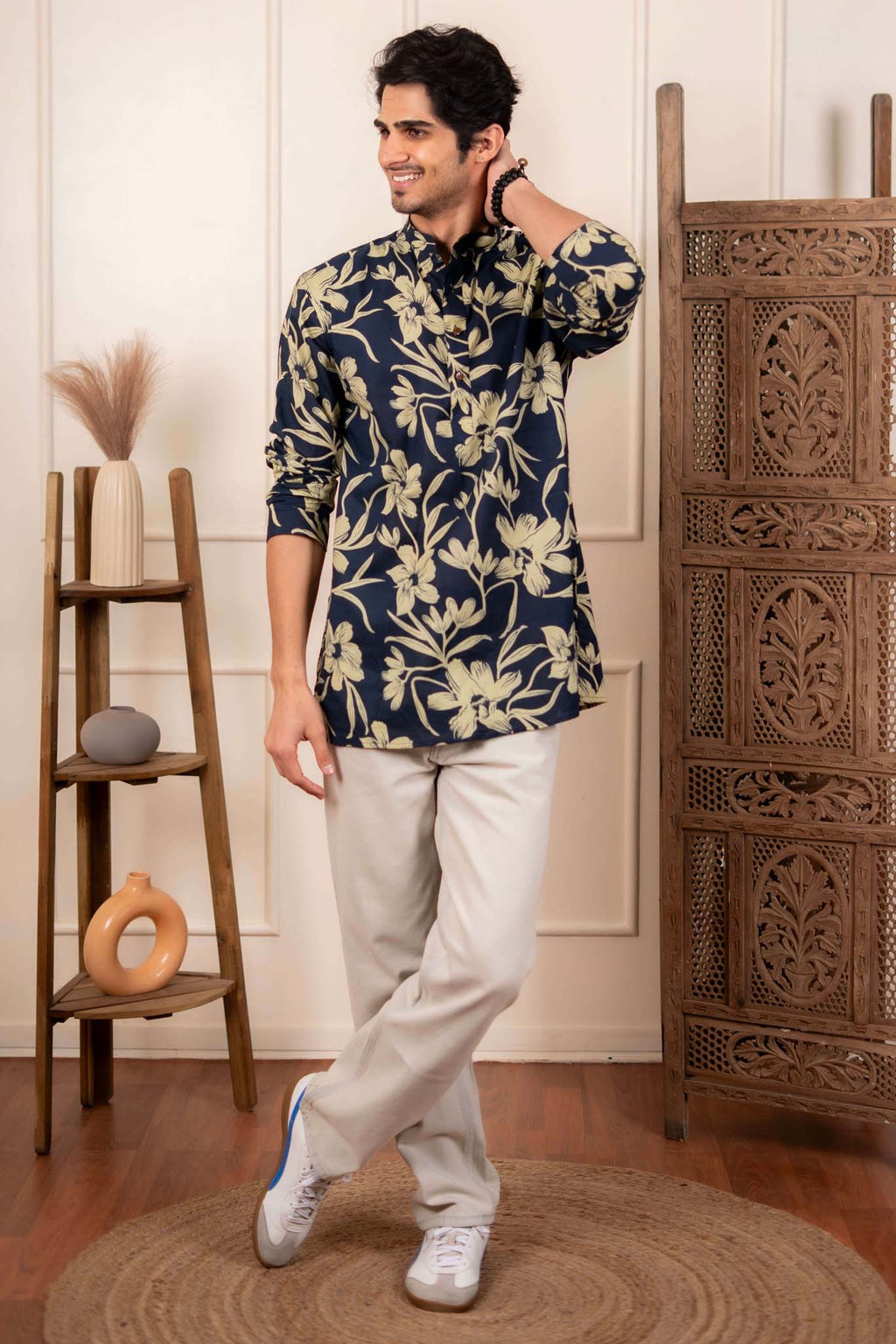 The Astro Blue Short Kurta With Ivory Color Floral Print