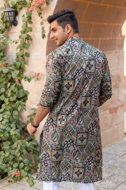 The Dark Green And Brown All-Over Floral Foil Print Long Kurta