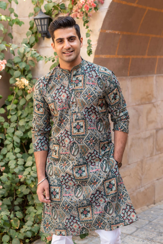 The Dark Green And Brown All-Over Floral Foil Print Long Kurta