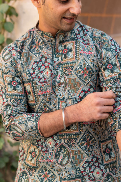 The Dark Green And Brown All-Over Floral Foil Print Long Kurta