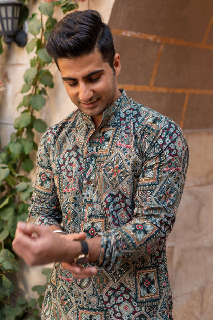 The Dark Green And Brown All-Over Floral Foil Print Long Kurta