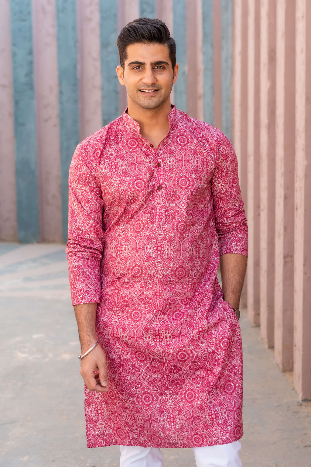Floral foil print pink long kurta for men