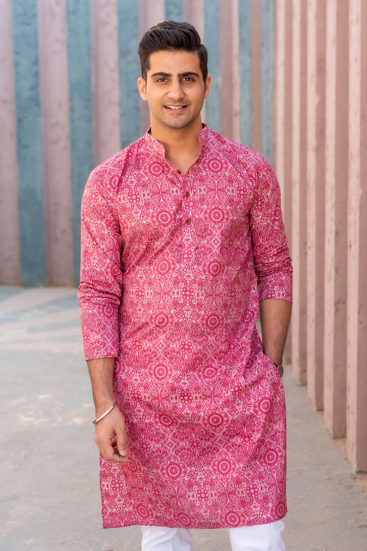 Floral foil print pink long kurta for men