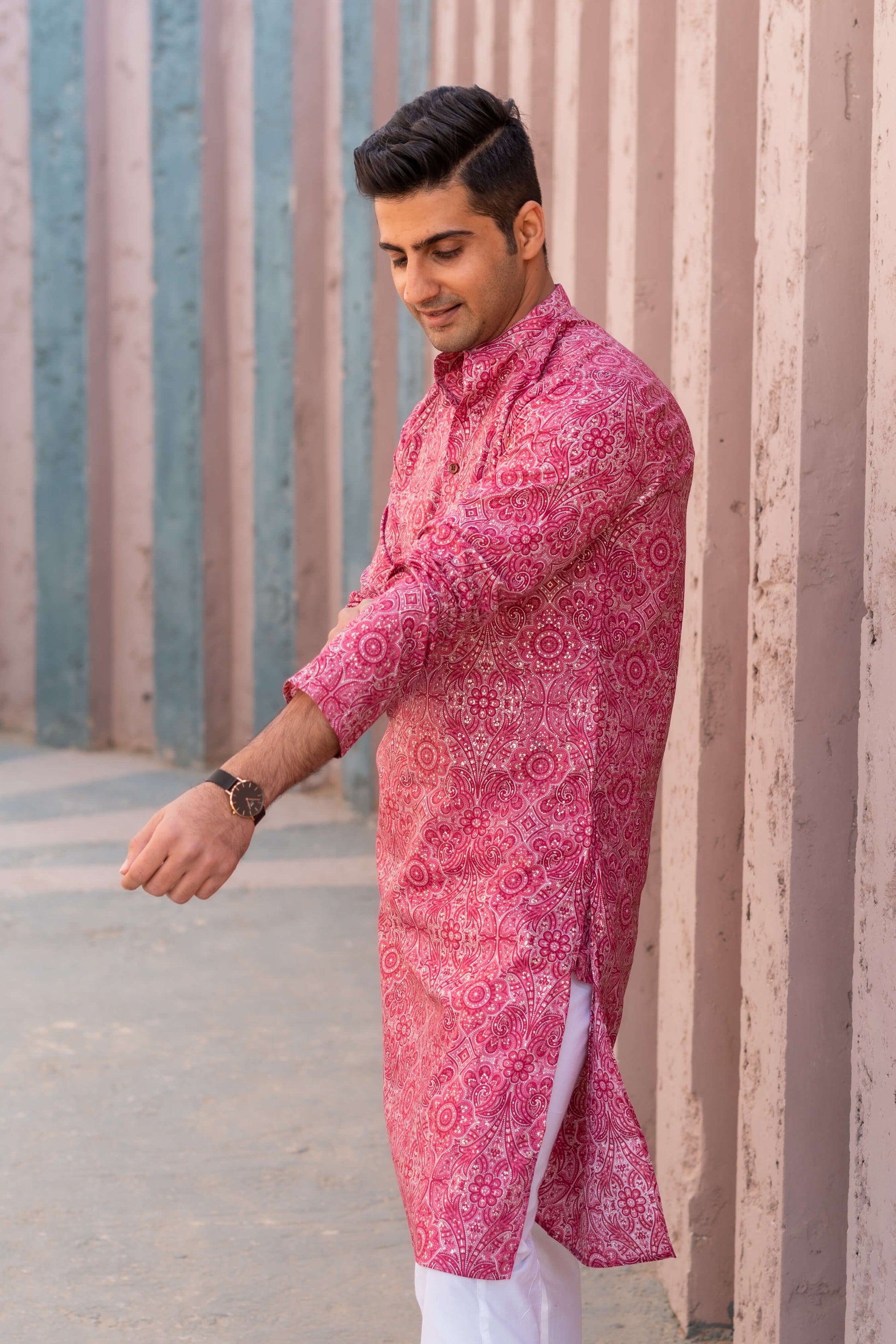 pink kurta for men with floral print