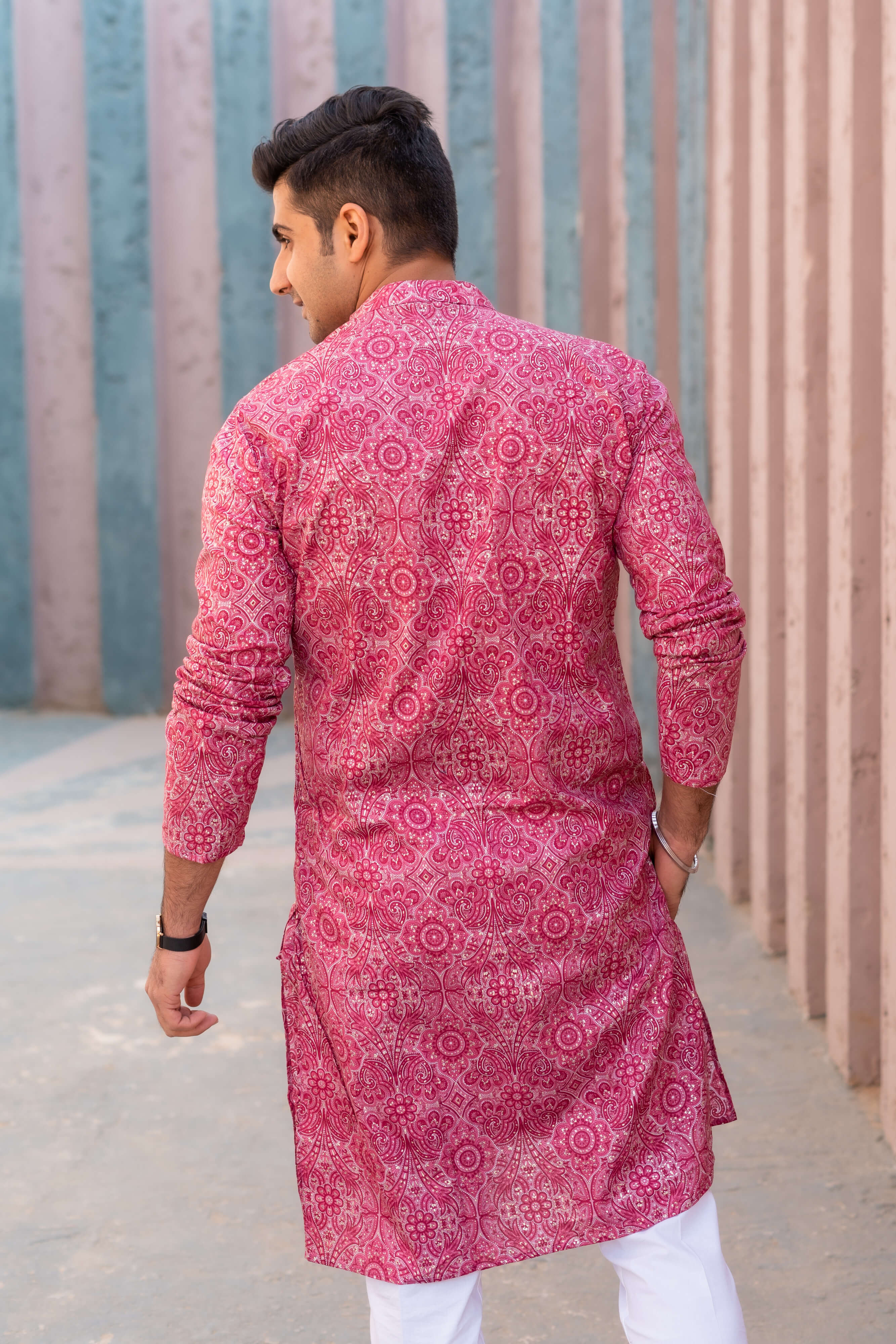 The Bright Pink Long Kurta With All-Over Floral Foil Print