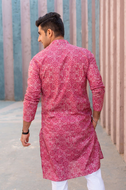 The Bright Pink Long Kurta With All-Over Floral Foil Print