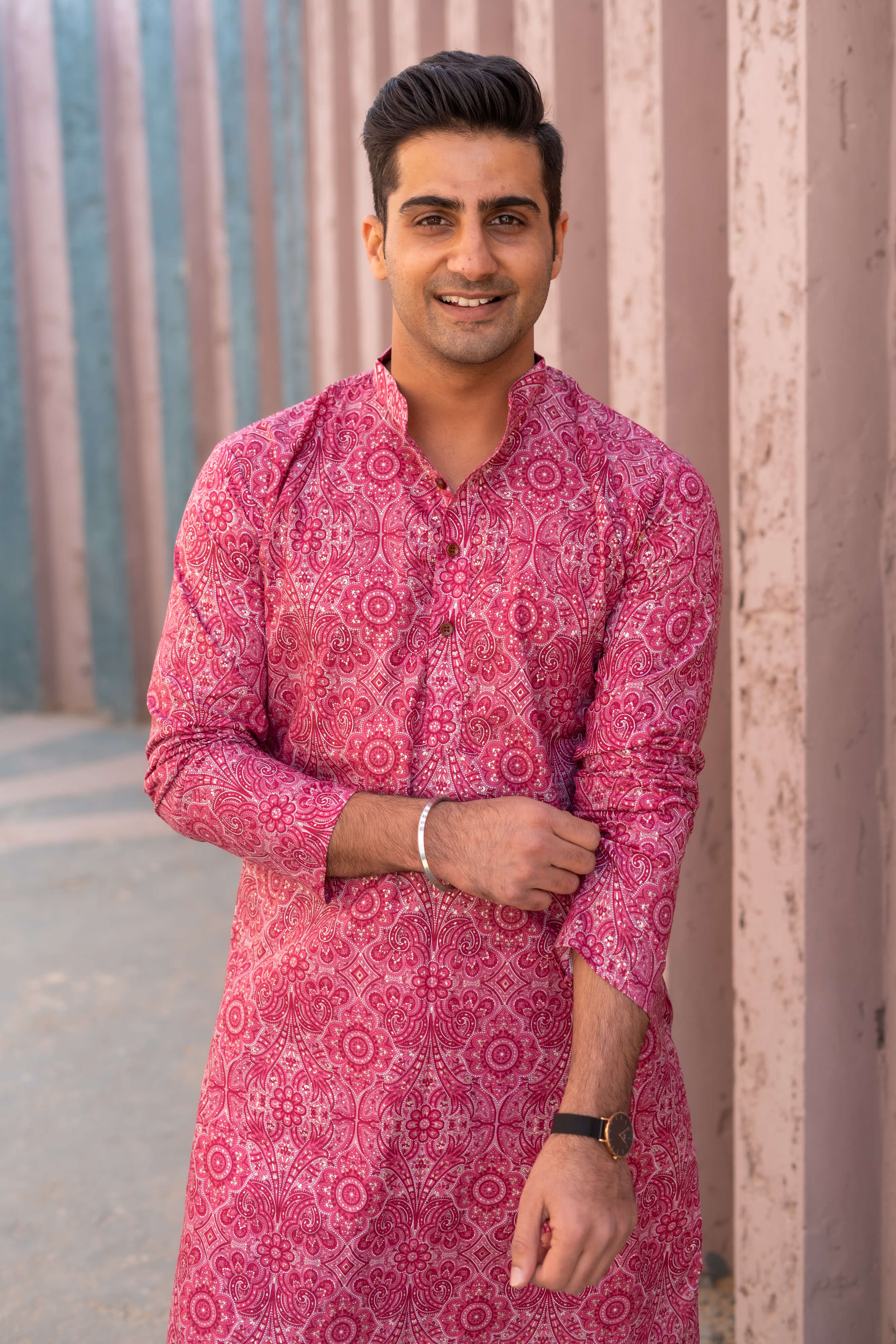 floral print pink long kurta for men