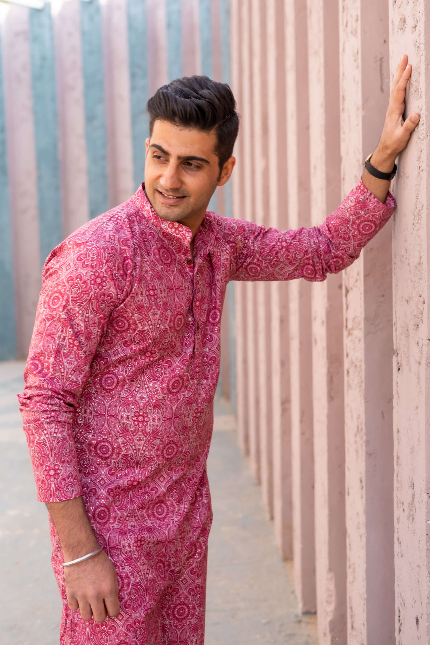 The Bright Pink Long Kurta With All-Over Floral Foil Print