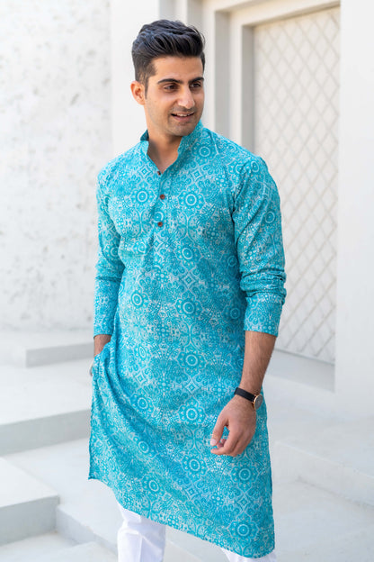 The Bright Turquoise Long Kurta With All-Over Floral Foil Print