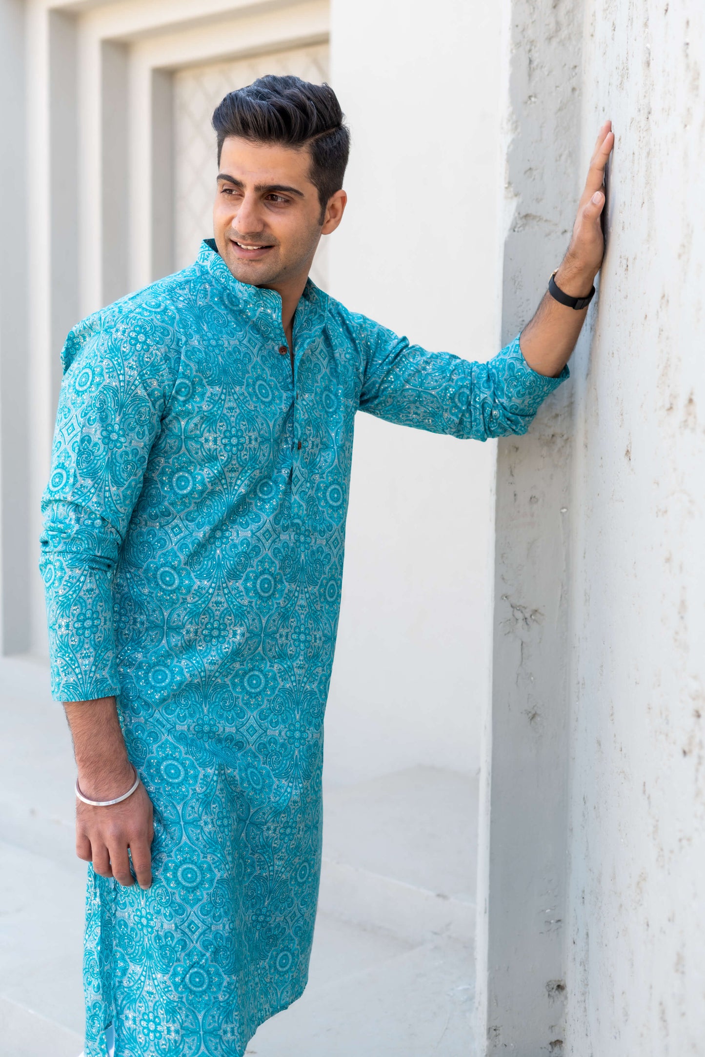 The Bright Turquoise Long Kurta With All-Over Floral Foil Print