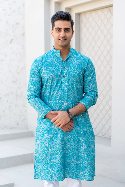 The Bright Turquoise Long Kurta With All-Over Floral Foil Print