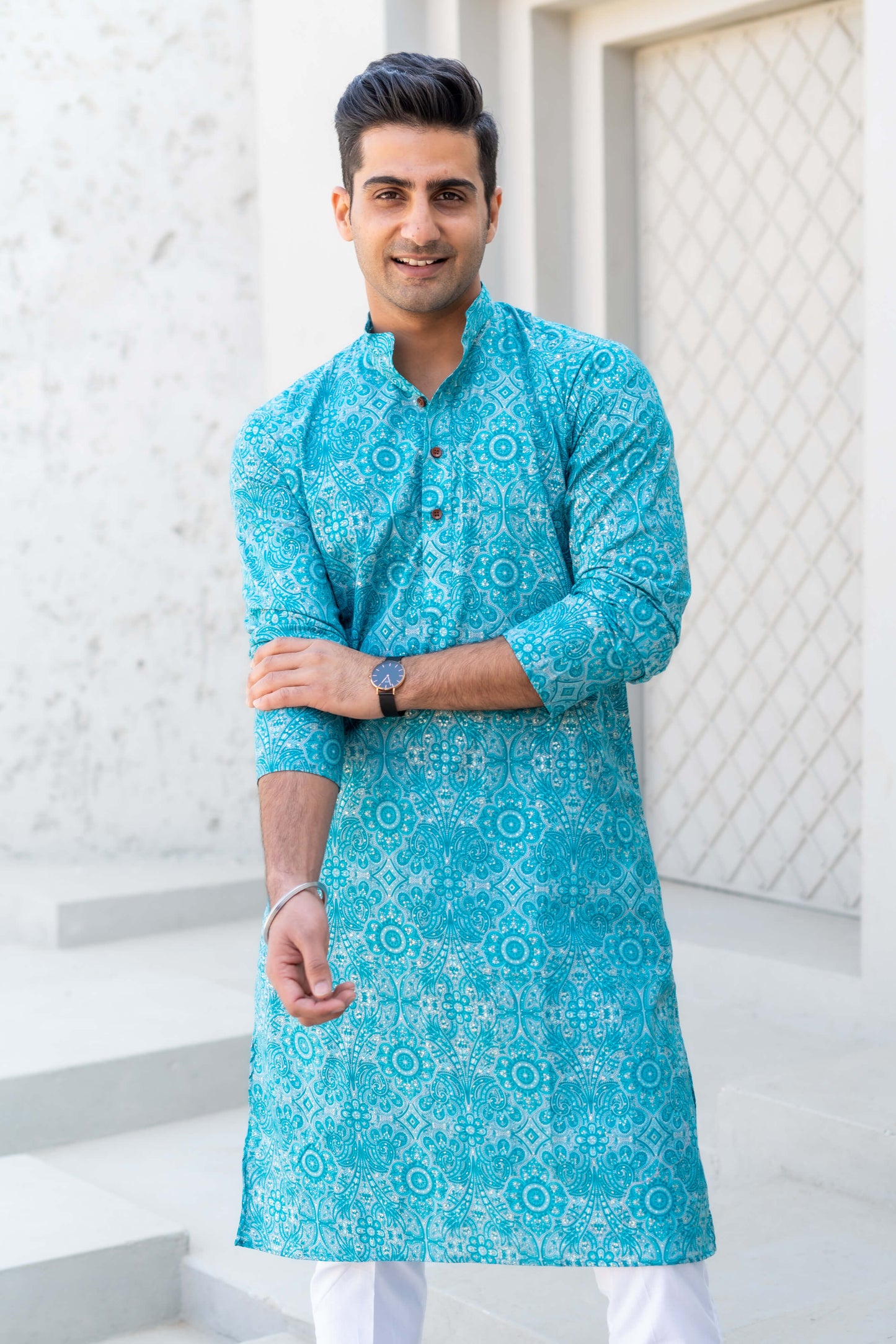 The Bright Turquoise Long Kurta With All-Over Floral Foil Print