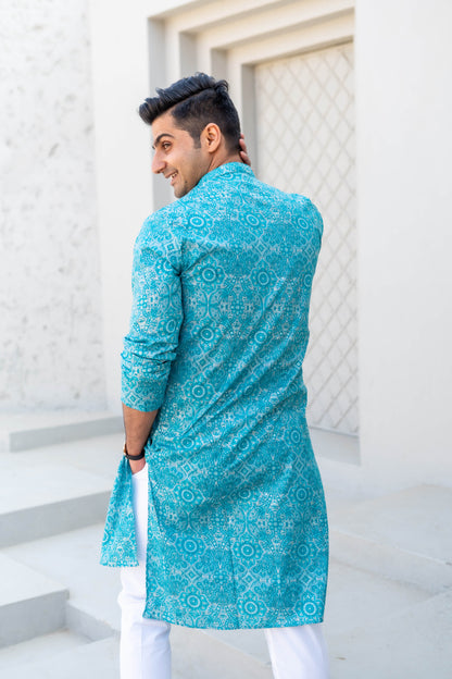 The Bright Turquoise Long Kurta With All-Over Floral Foil Print