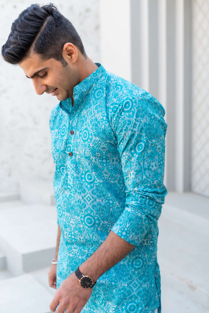 The Bright Turquoise Long Kurta With All-Over Floral Foil Print