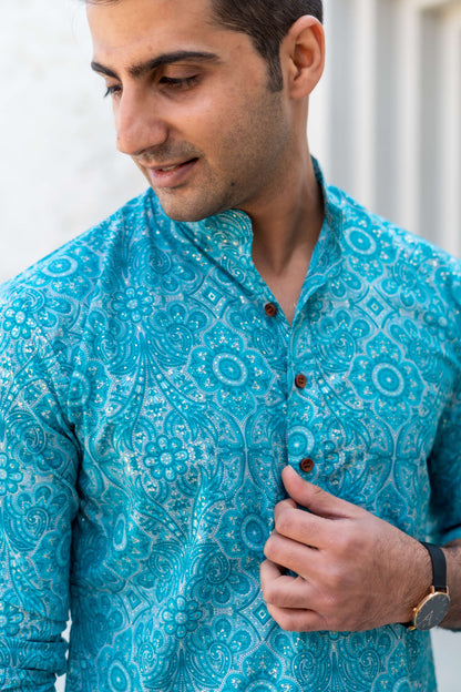 The Bright Turquoise Long Kurta With All-Over Floral Foil Print