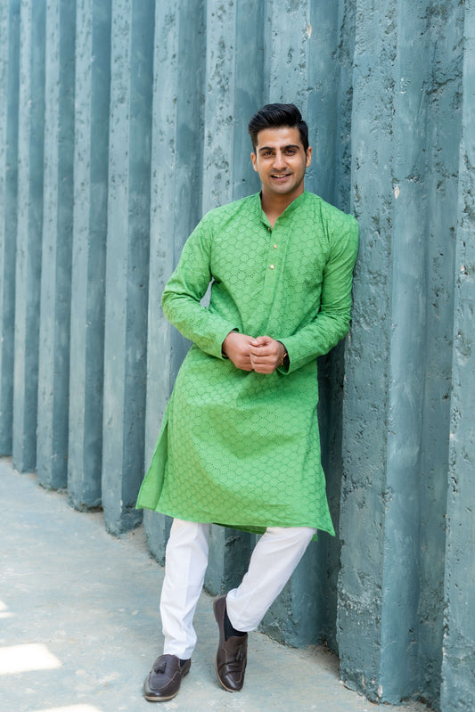 green chikan kari kurta for men