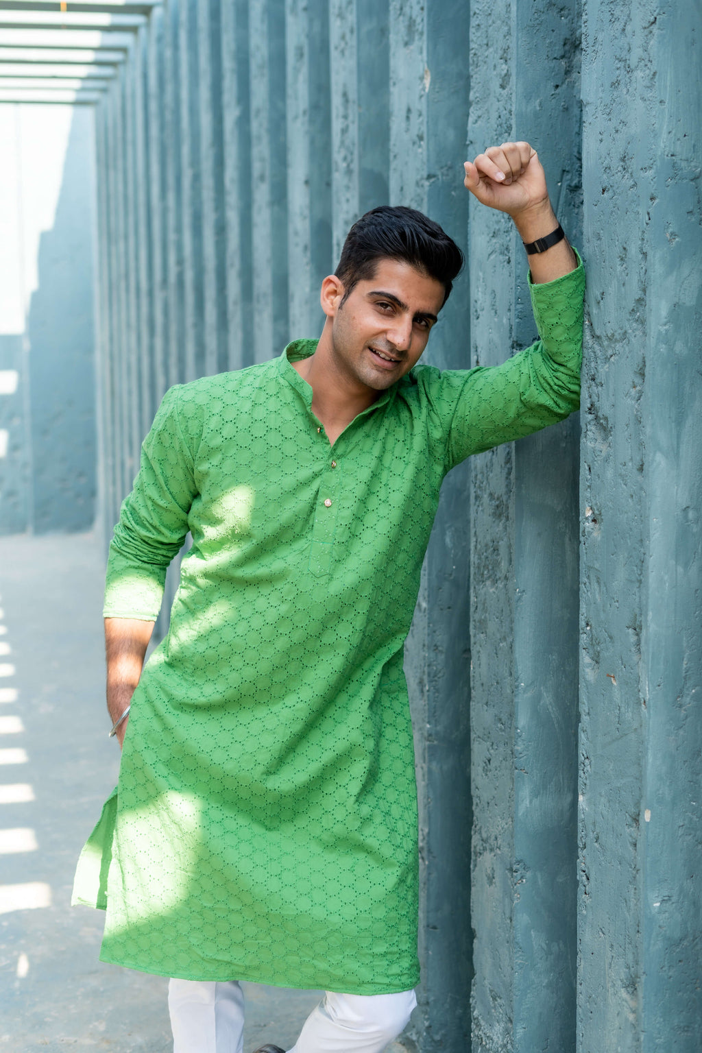 The Solid Green Geometric Chikan Kari Work Long Kurta
